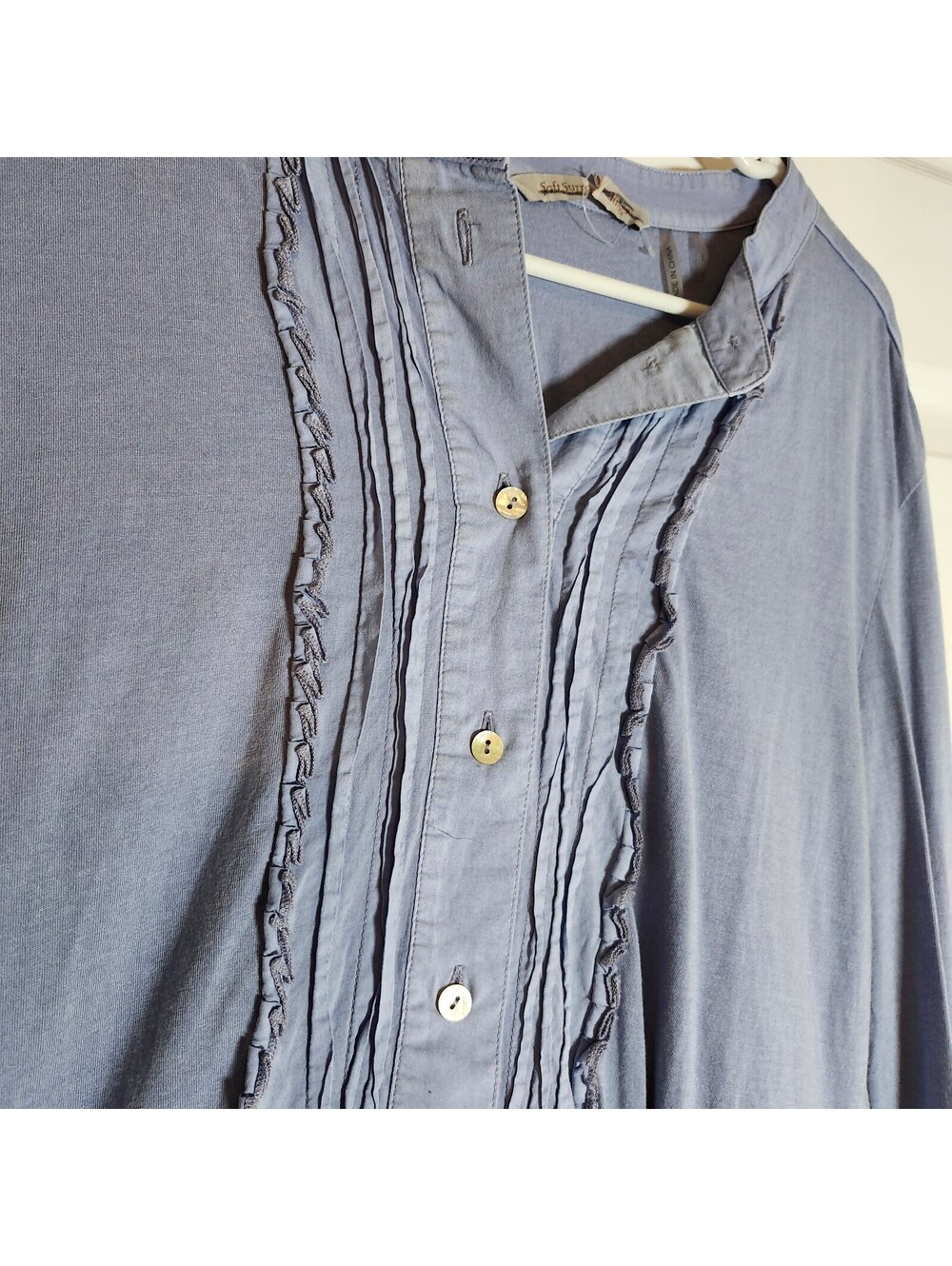 Soft Surroundings Blue Ruffle Front Button Top - Picture 2 of 8